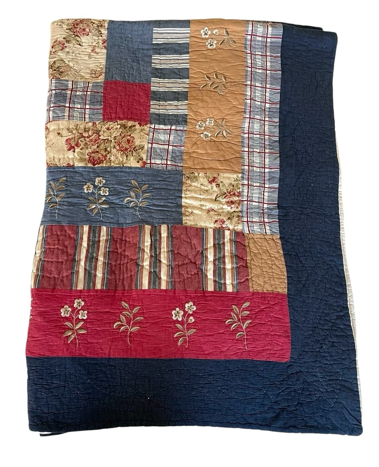 Apliques de edredón Pottery Barn retazos flores azul rojo tostado cama doble Foto 3 de 4