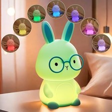 Bunny Night Light for Kids, Soft Silicone Nursery Lamp, 7-Color Green Bunny