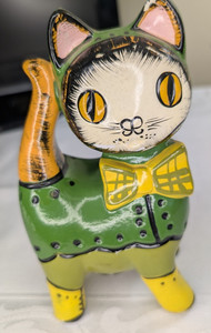 Vintage Lego Japan Chalkware Cat Coin Bank - 1960s MCM Mod - Cute Bowtie & Boots