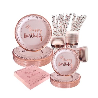 100 Pieces Pink Rose Gold Birthday Decorations Supplies Rose Gold Dessert Pla...