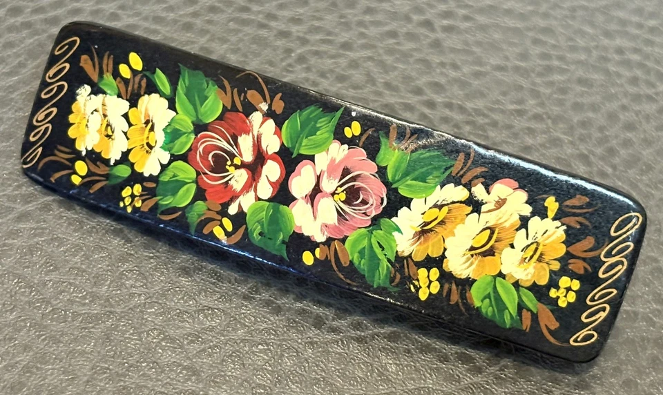 Vtg Russian Lacquered Floral Barrette Hand Painted Black Wood Hair Clip Signed - Image 3 of 4