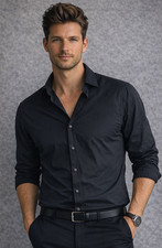 Cecil Gee Shirt Size 15.5 39 40 Black Pure Cotton Button Up Formal