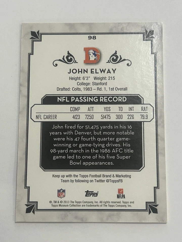 2013 Topps Museum Collection John Elway #98 - Image 2 of 2
