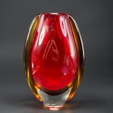 Venetian Glass Sommerso Vase Red Amber Murano Heavy Blown Glass Vase 9 Inch