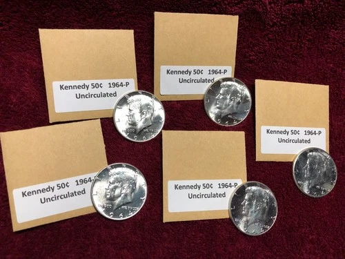Kennedy 1964-P ~ 90% SILVER ~ 5 Coins  ~ BU ~ FREE SHIPPING !  My #308