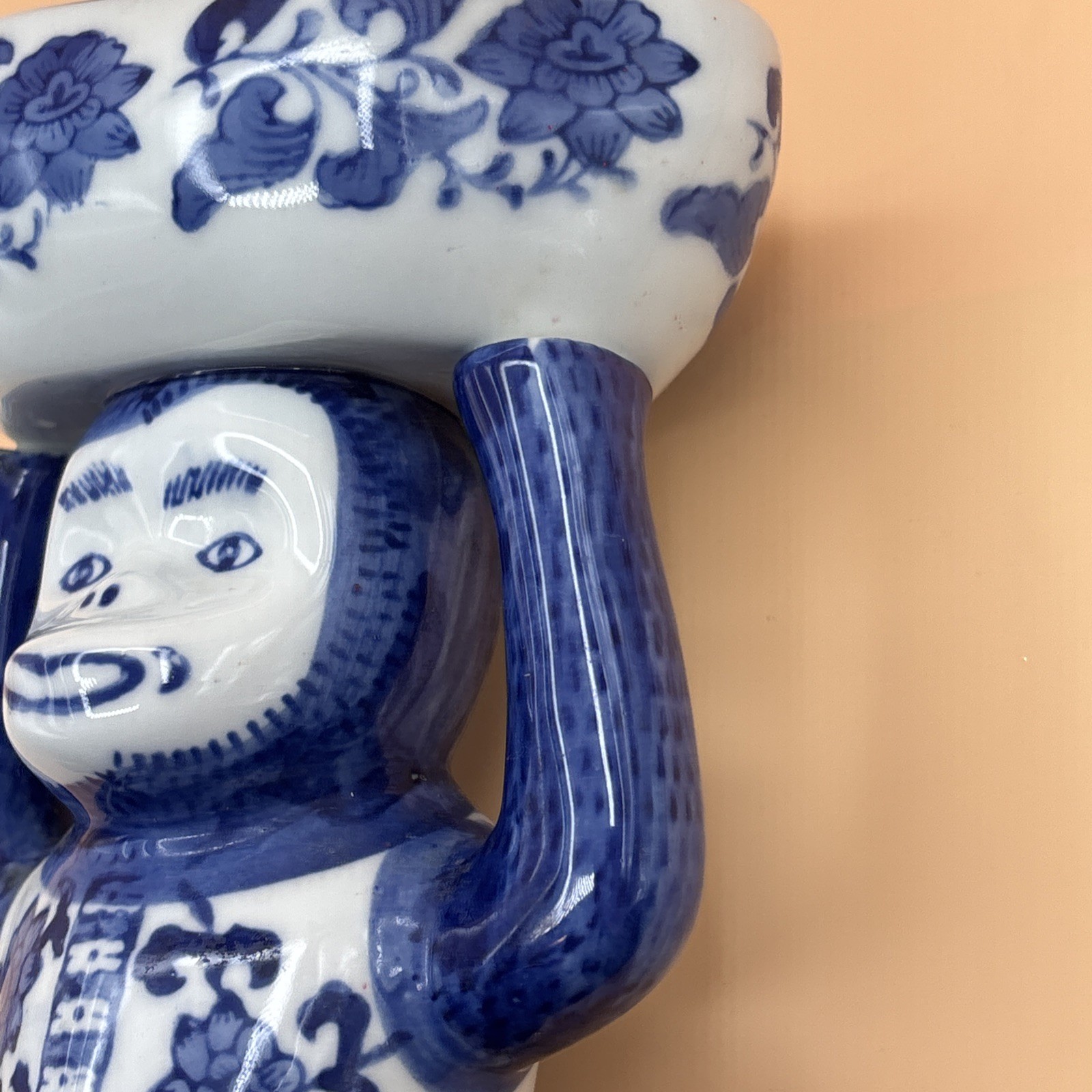 Vintage Chinoiserie Porcelain Monkey Blue White Holding Bowl Trinket Dish Soap