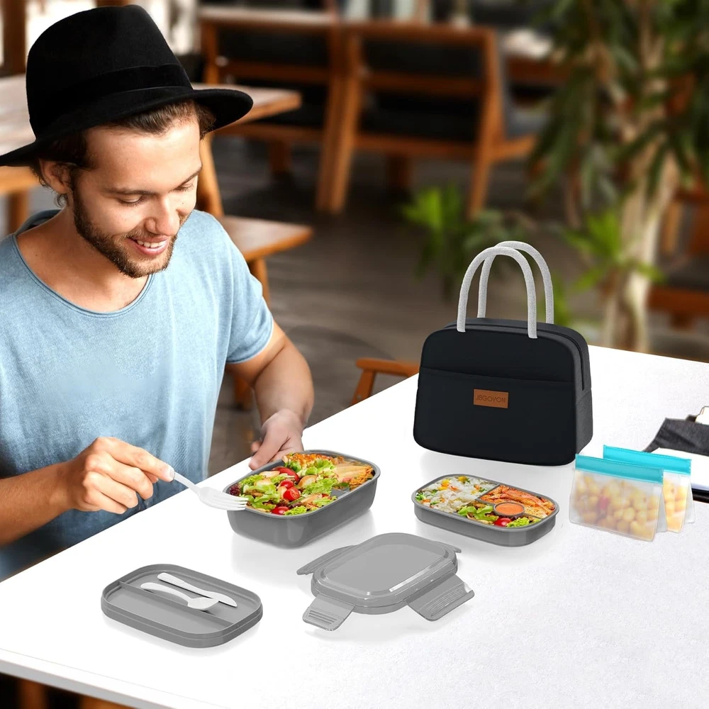 Stackable Bento Box Set - 3 Leak-Proof BPA-Free Containers in Grey & Black