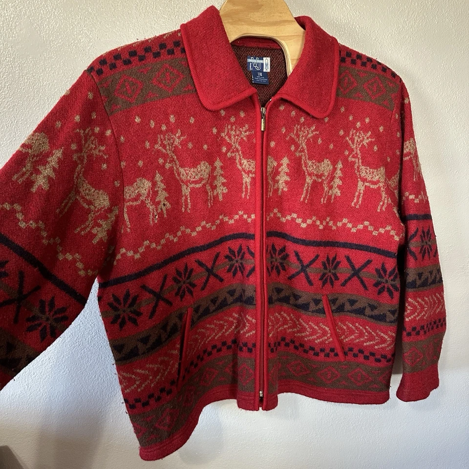 VENEZIA JEANS Rojo Esquí Nórdico Navidad 100% Lana Cremallera Completa Cárdigan Suéter 26/28 Foto 3 de 4