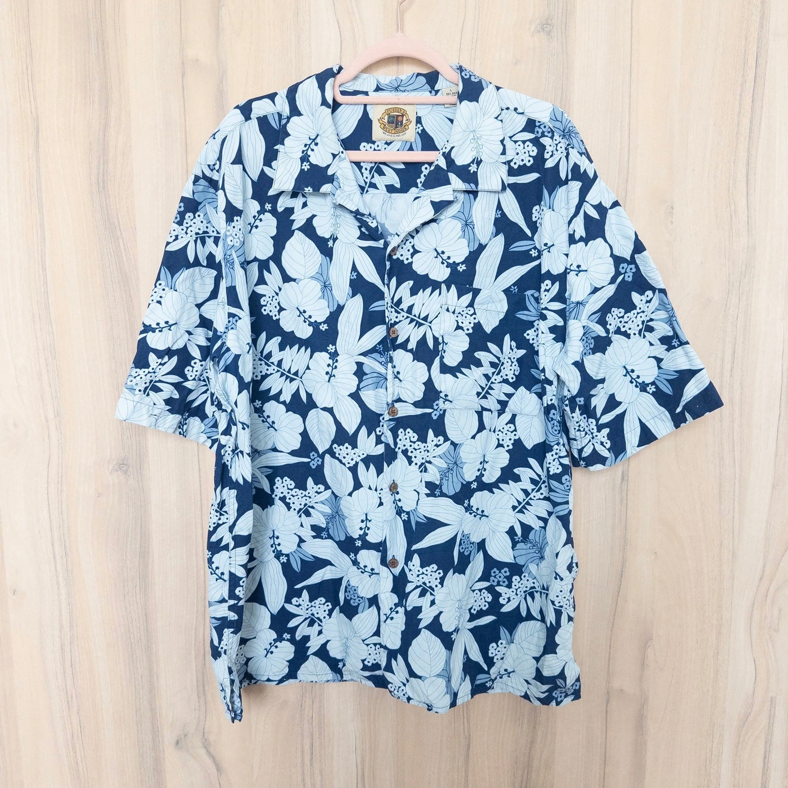 Mens Silk Floral Button Up Short Sleeve Shirt Large Blue Resort Tropical Coastal
