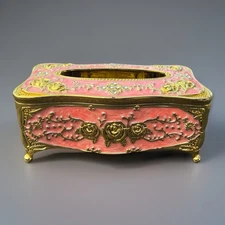 Vintage Ornate Pink & Gold Tissue Box Cover Jeweled Roses Baroque Glam Style 10”