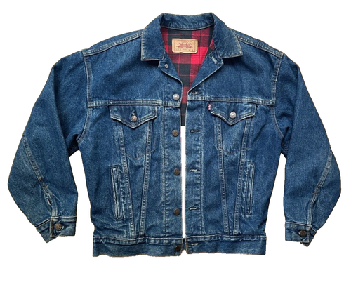 VTG Levi's Jeans Denim Trucker Jacket Red Buffalo Plaid Lined Youth L Adult S