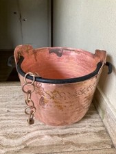 ANTICO CONTENITORE ,PAIOLO IN RAME CON MANICO E CATENA DA AGGANCIARE,VINTAGE