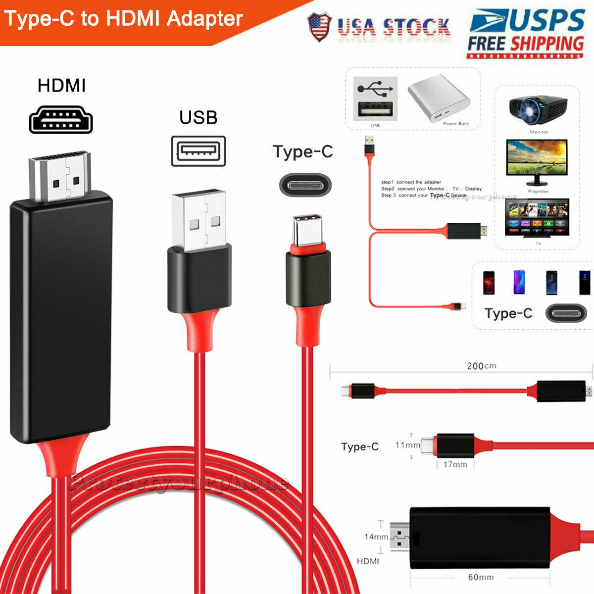 MHL USB-C Type C to HDMI USB A HD TV Cable Adapter For Android Phones  Samsung LG