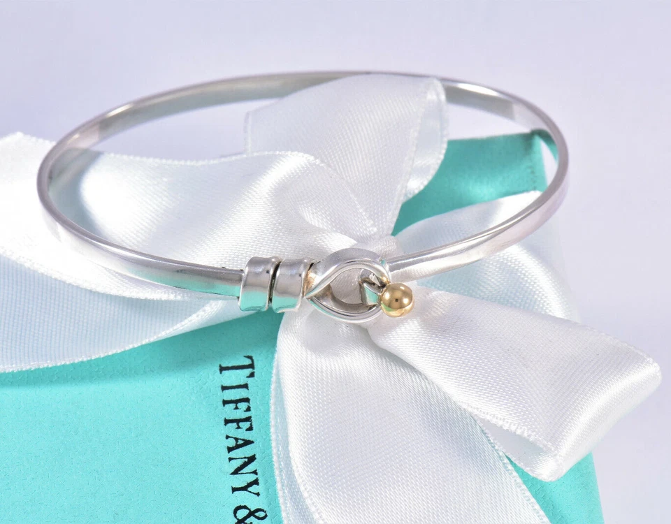 Tiffany & Co 18k Gold Silver Hook Eye Rope Bracelet in Pouch Rare Bangle Cuff - Image 3 of 4