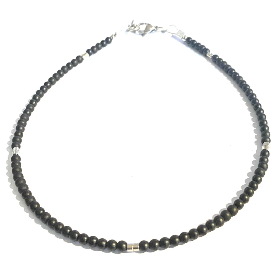 Collana pietre dure onice nero da uomo in acciaio inox lunga 45 cm con perle di - Immagine 3 di 4