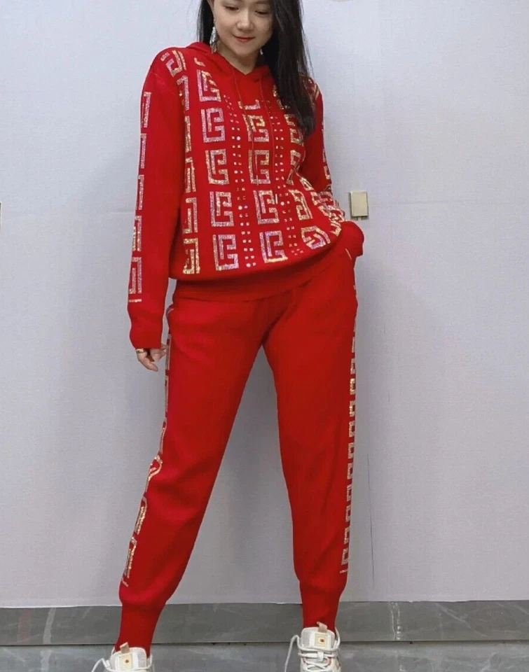 Nuevo conjunto de 2 piezas de chándal tejido con diamantes de imitación de lujo para mujer Foto 2 de 4