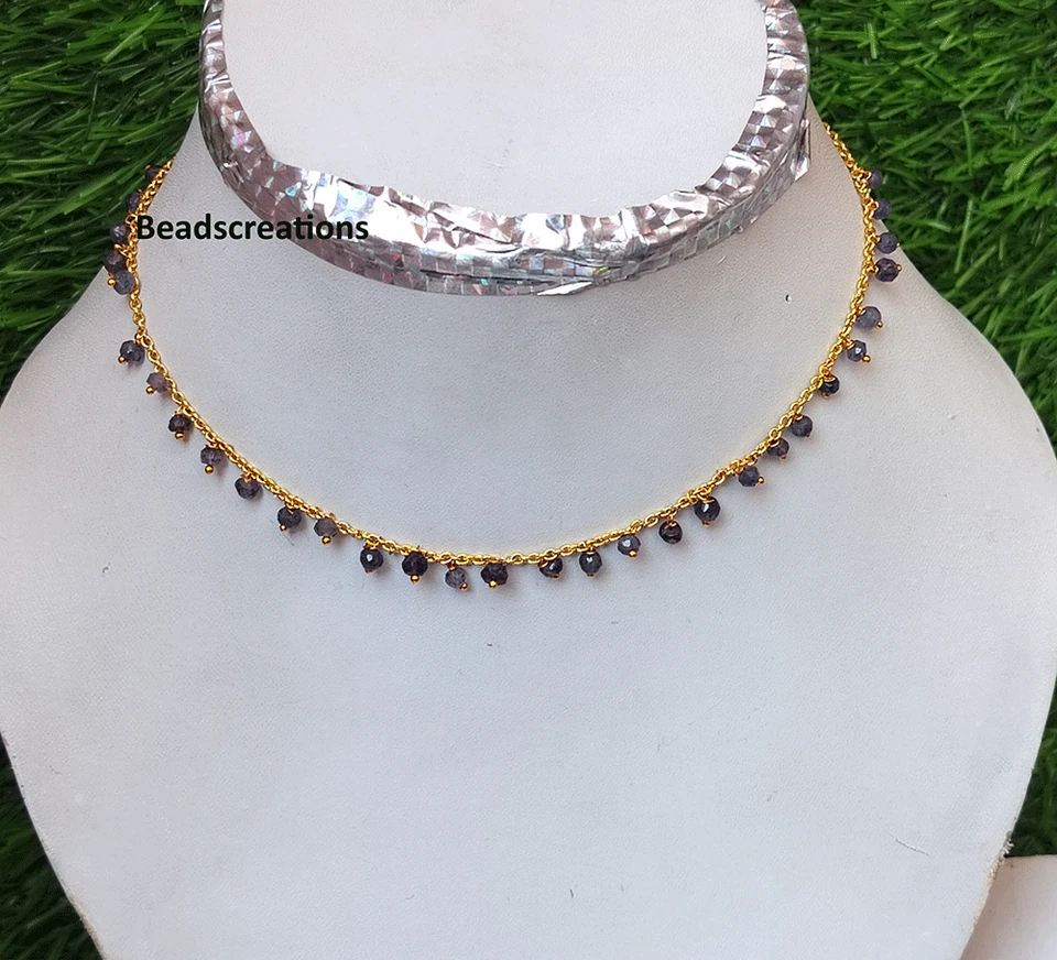 Collar de cadena de cuentas brillantes de iolita natural de plata de ley 925 para regalo su collar Foto 2 de 4