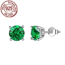 Fashion 6mm Green Round Cubic Zircon 925 Sterling Silver Stud Earrings for Women