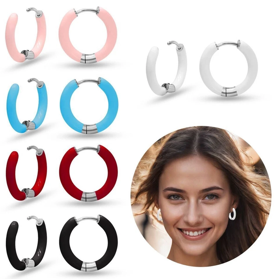 Coloré Mini-Creolen Boucles D'Oreilles Inox Avec Émail Blanc Rose Bleu Rouge - Photo 1/1