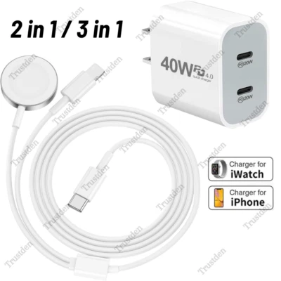 For iPhone Apple Watch Magnetic 2/3-in-1 Fast Charger Cable USB C Power Adapter