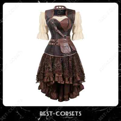 Steampunk Corset Bustier Top Dress Skirt with Tutu 3 Set Plus Size Vintage Lace Up Gothic Costume - Beige-Brown M