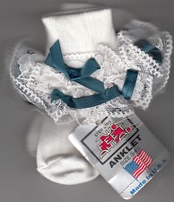 Lace Socks, Girls, White W/Dark Green Ribbon, By Two Feet Ahead, 3-4, New