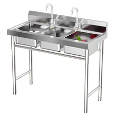3-Compartment Sink Bowl Kitchen Stainless Steel Catering Prep Table Washing Sink