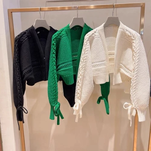 Lady Knitted Cardigan Top Coat Puff Sleeve Crop Winter Cute Casual Sweater Sweet - Imagen 3 de 19