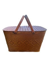 VINTAGE Red-Man Picnic Basket Wicker Woven Rattan Mid Century, 18.25” Long