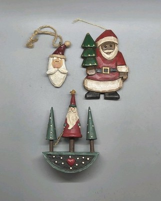 3 Vintage Santa Claus Christmas Ornaments Mixed Lot Folk Art Wood Resin EUC 