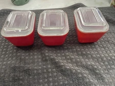 Red Pyrex 501-B6, 501-B-A35, 501-B24 Refrigerator Dishes.  3 Total