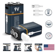 2 Pack 9 Volt Lithium Ion Rechargeable Batteries 650mAh w/ USB-C Type Cable Bump