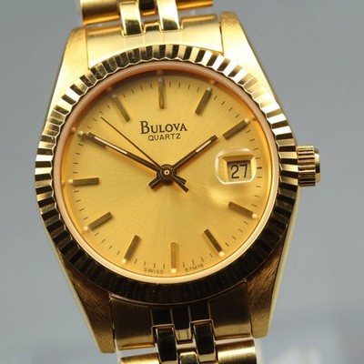 Near MINT Bulova Gold Date President Fluted Quartz 25mm Ladies Watch T3 1993