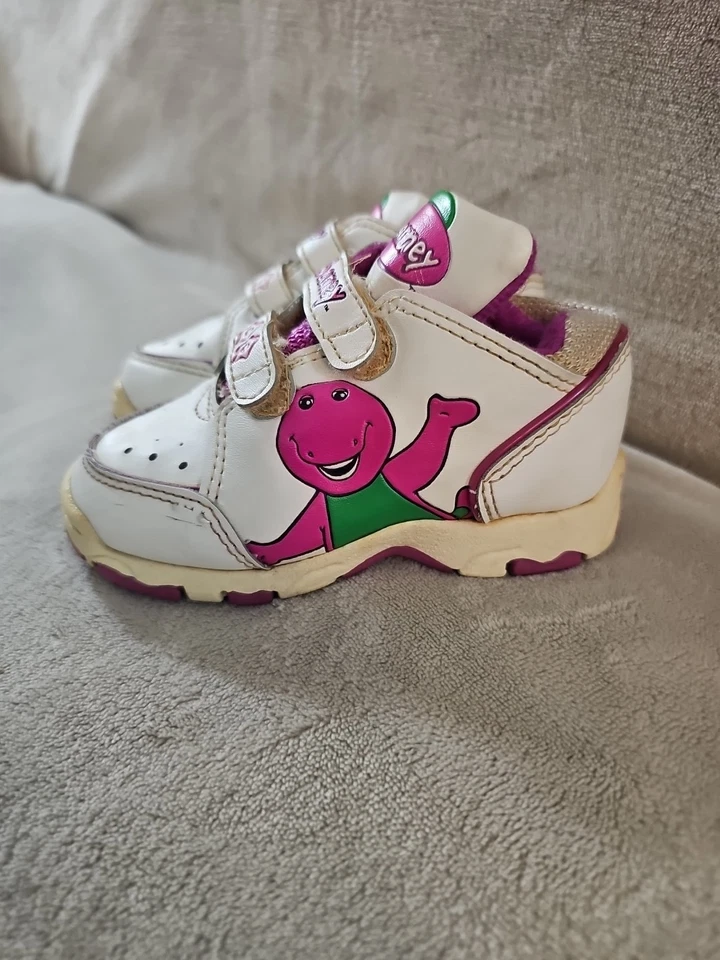 Tênis vintage década de 1990 Barney feminino rosa gancho e laço estatísticas criança tamanho 7 - Imagem 2 de 4