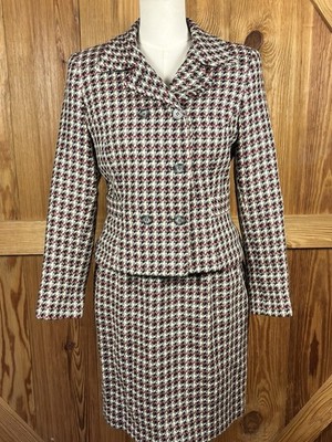 Vintage Houndstooth Skirt Suit Red Black Preppy Pinup Academia Tailored Sz 6 VG+