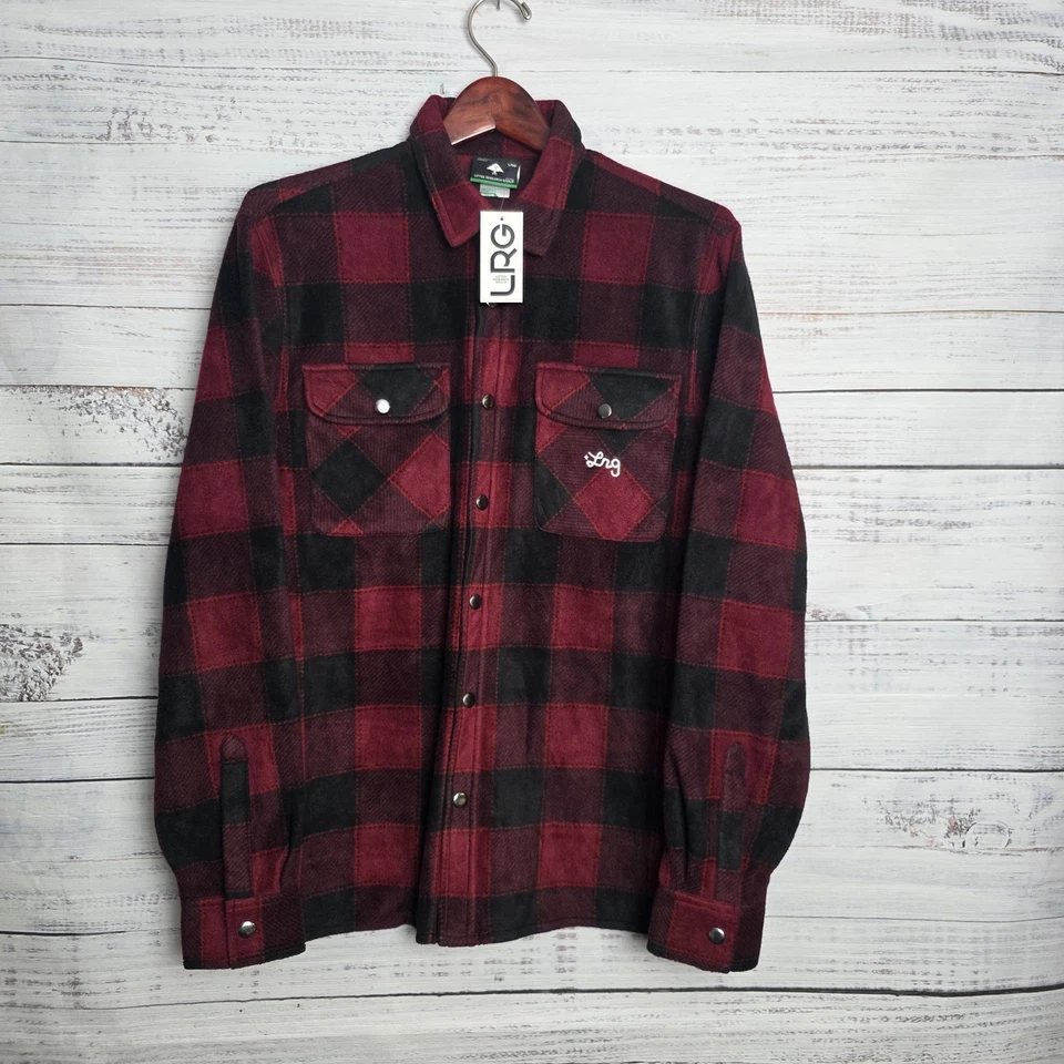 New Lifted Research Group LRG Mens Medium Red Buffalo Plaid Fleece Button Front - Image 2 of 4