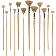 Fan Brush Set 12 Pack Hog Bristle Stiff with Long Wooden Handle for Acrylic