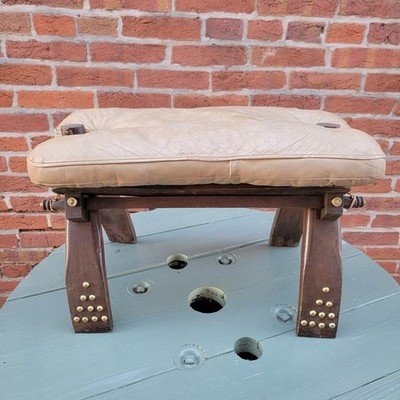 Vintage Camel Saddle Stool Leather Folding Seat Wood Brass Foot Stool Ottoman