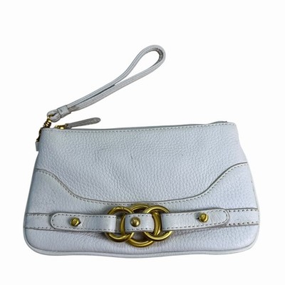 Wilson's Leather Wristlet Clutch Purse White Pebbled Gold Trim