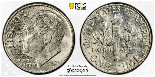 1950 PCGS MS66FB Rosevelt Silver Dime 10c - Album Toned