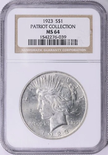 1923 Silver Peace Dollar NGC MS-64 Patriot Collection Pedigree