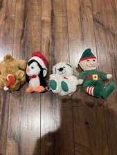 Lot of 4 Small Christmas Plush Stuffed Animals Dog, Penguin, Bear, Elf