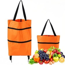 2 in 1 Foldable Shopping Cart with Wheels for Groceries, 25kg Grocery Orange