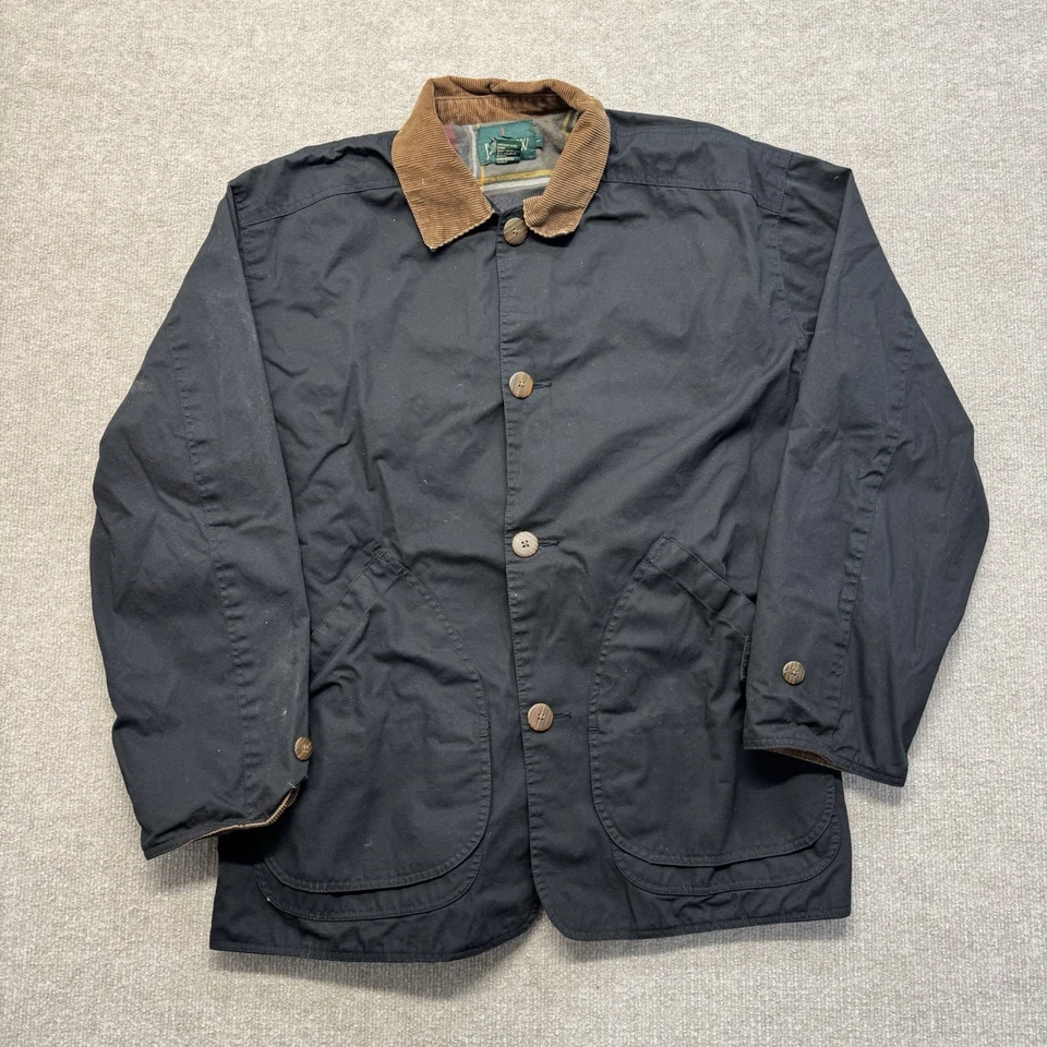 Vintage J Crew Barn Coat Oarsman Corduroy Black Mens L Chore Coat Plaid 90s - Image 2 of 4