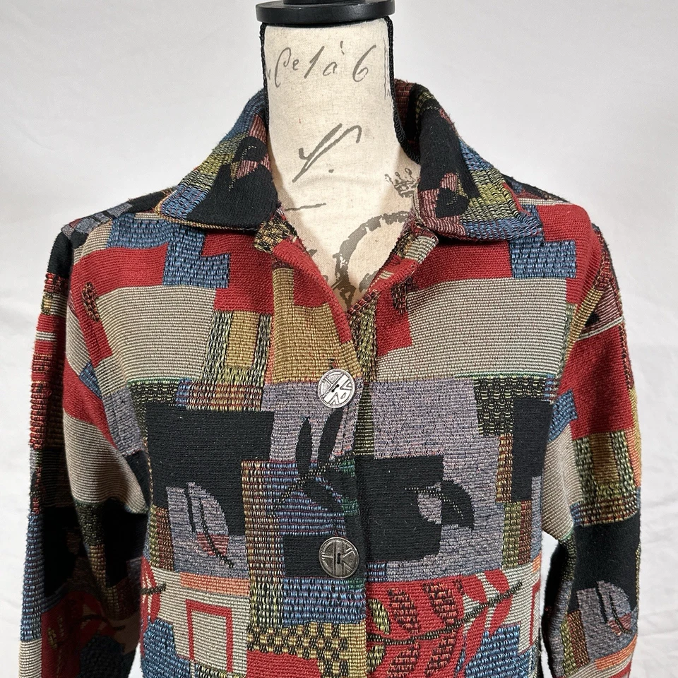 Chaqueta Tapiz Jane Ashley Mujer Mediana Roja Retazos Floral Hoja Bolsillo Azteca Foto 2 de 4