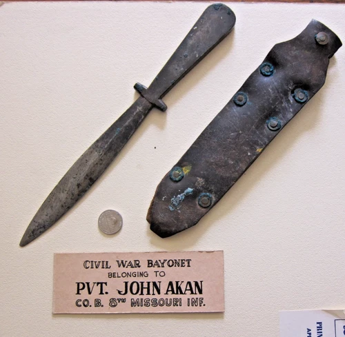Orig ID'd Civil War Boot Knife & Sheath. John Akan, Co. B; 8th Missouri Infantry