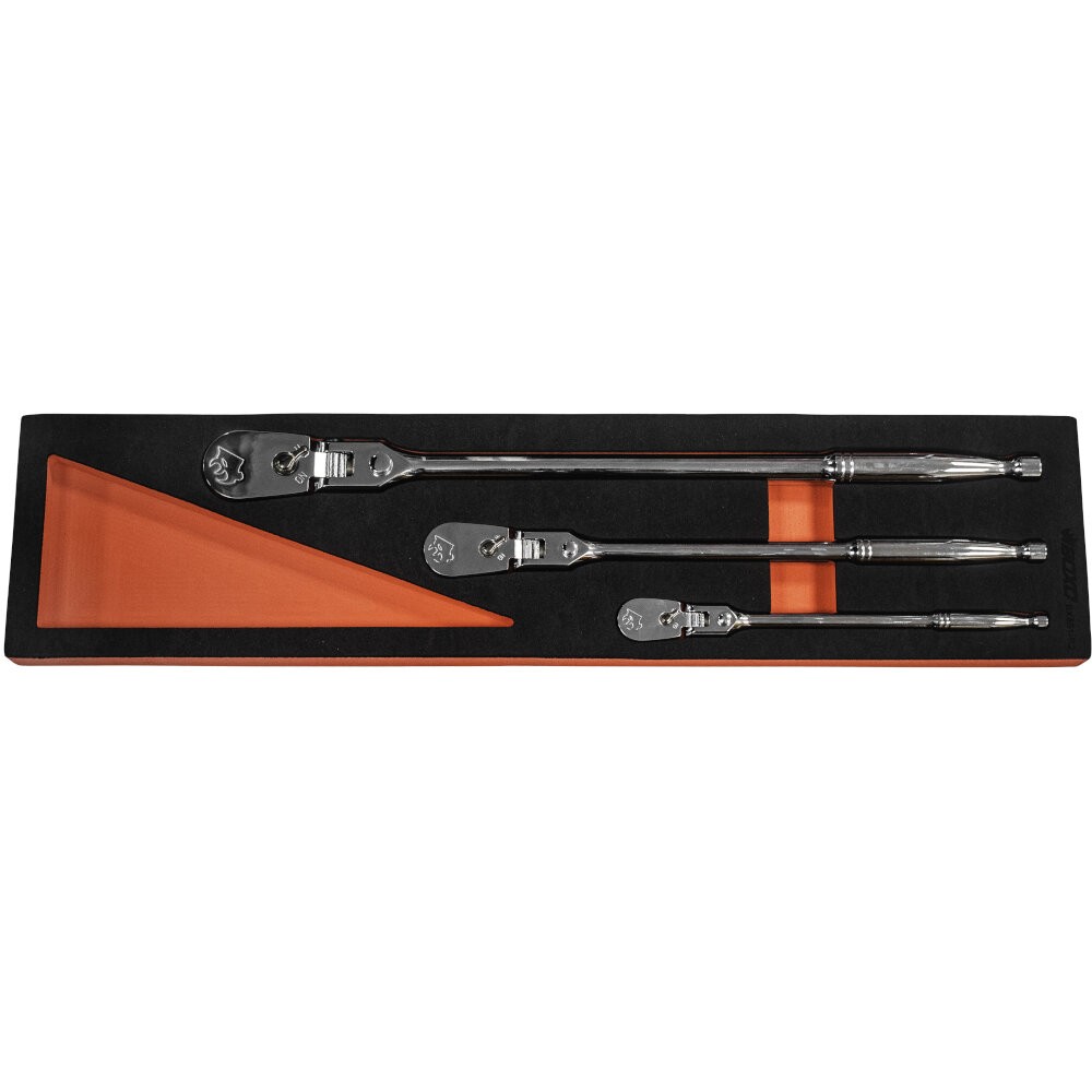 90-Tooth Flex Head Ratchet Set 1/4"", 3/8"", 1/2"" Dr 4° swing arc Chrome BOXO
