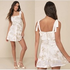 NWT Lulus Truly Inspiring Ivory Mesh Floral Applique Tie-Strap Mini Dress M
