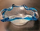 Vintage Murano Style Glass Bowl/Ashtray Controlled Bubbles Clear with Aqua Crest