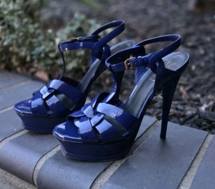 YSL Yves Saint Laurent tacco plateau blu navy scuro brevetto 38 5